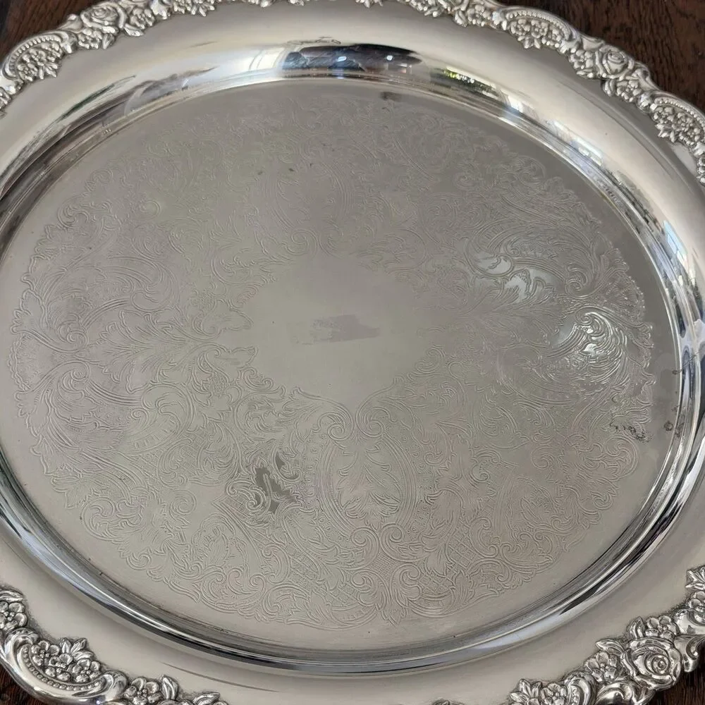 Vintage Oneida Du Maurier Silverplate 15” Serving Tray Roses Handles Ornate USA